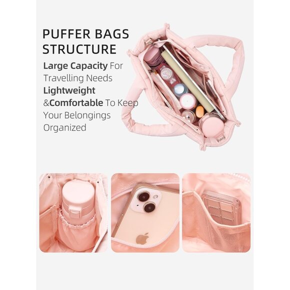 Pink Womens Quilted Nylon Tote Shoulder Bag Puffy Weekender Overnight Bag Lightw - Picture 3 of 6